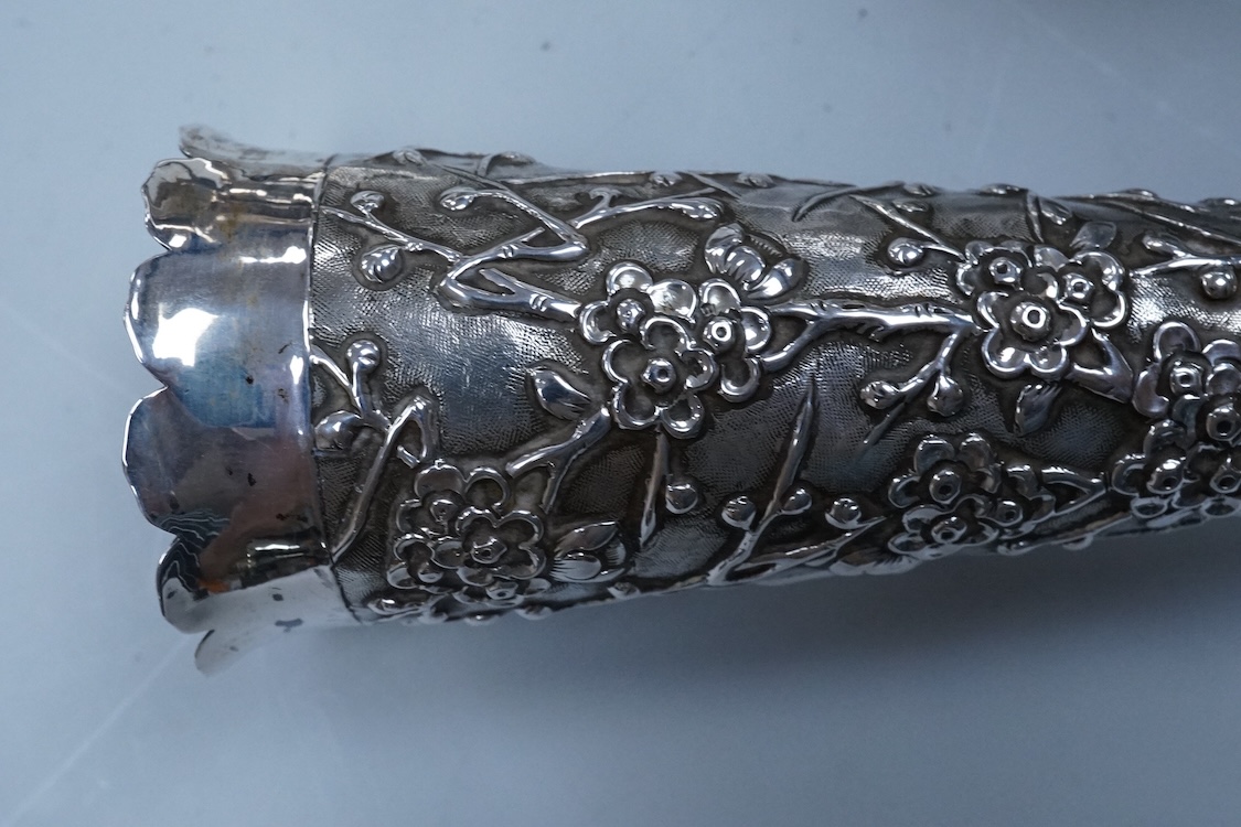 An early 20th century Chinese Export white metal posy vase, by Wang Hing, 18.4cm and a similar ewer by Tien Shing?, lacking cover.